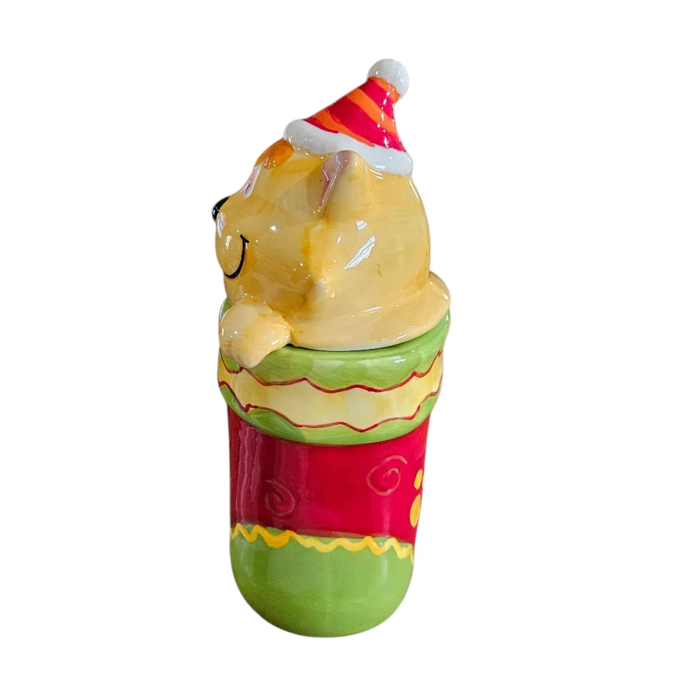 Festive Cat in Stocking Ceramic Cookie Or Treat JAR meow